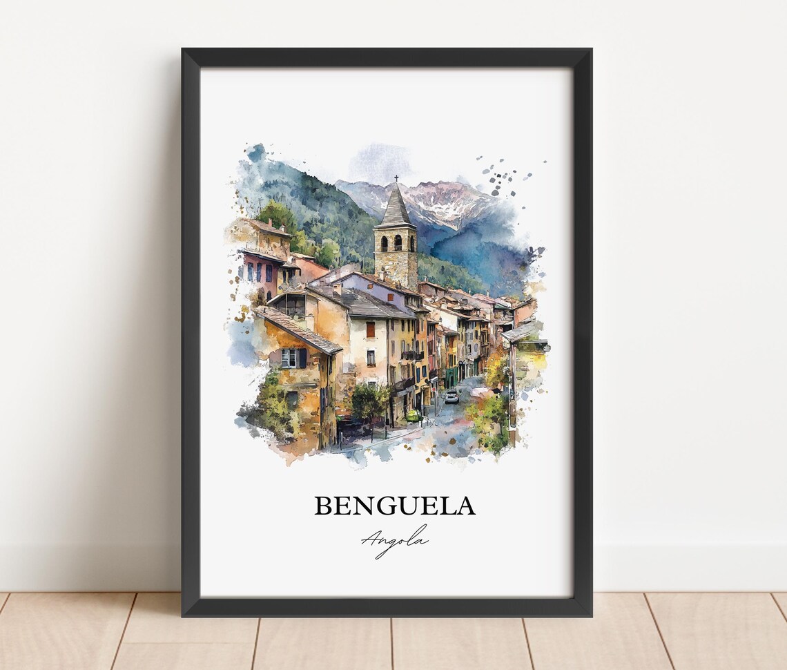 Benguela Angola Watercolor Alpine Village Street Travel Poster - Image 5