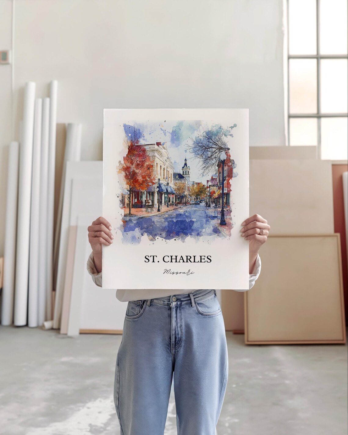 St Charles Missouri Historic Brick Street Fall Watercolor Poster - Image 5