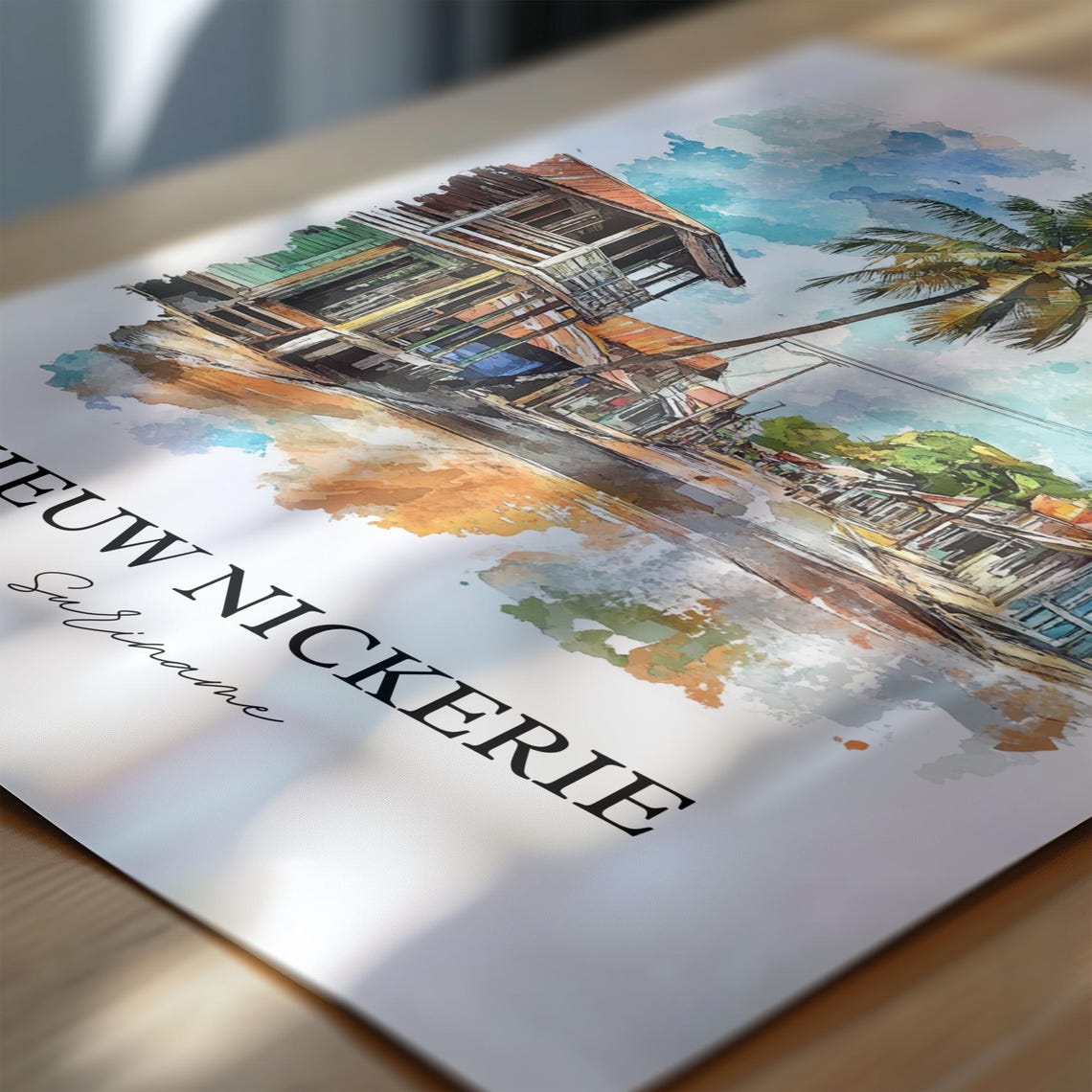 Nieuw Nickerie Suriname Watercolor Palm Lined Street Scene Poster - Image 7