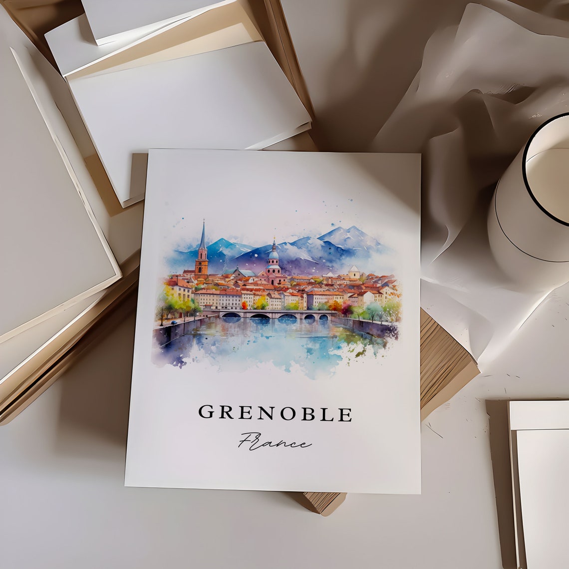 Grenoble France Alpine Mountain Cityscape Watercolor River Poster - Image 6