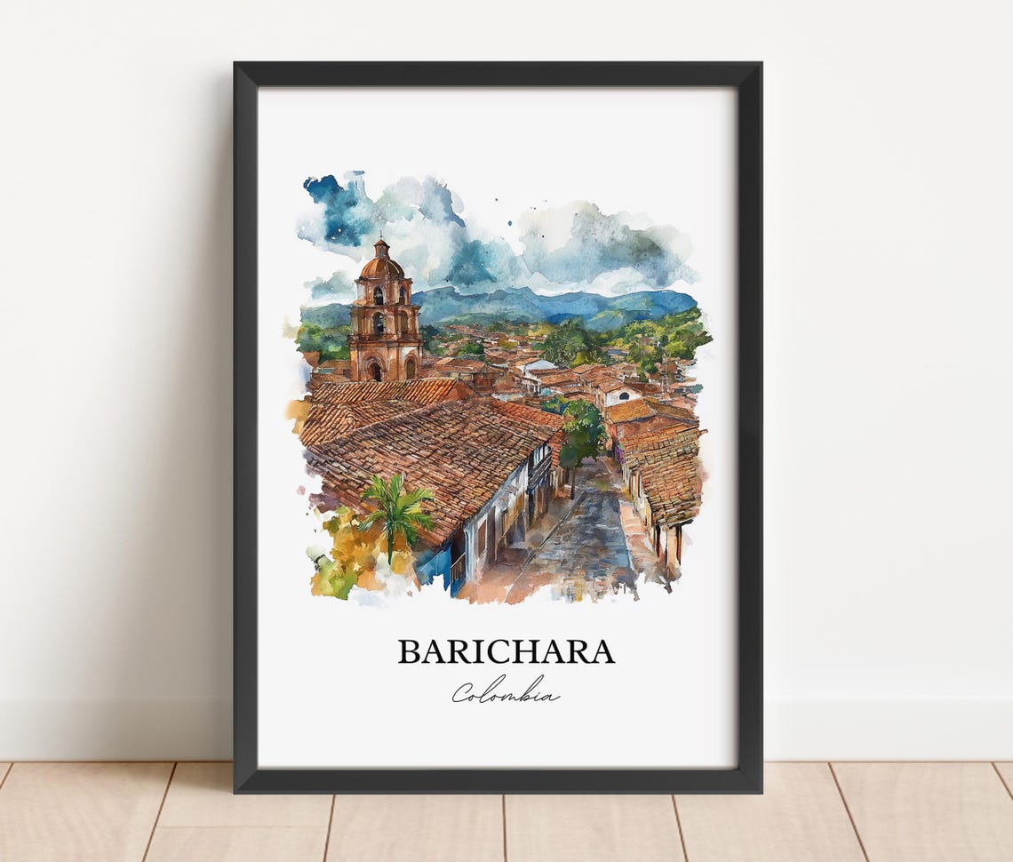 Barichara Colombia Colonial Church Rooftops Watercolor Travel Poster - Image 2