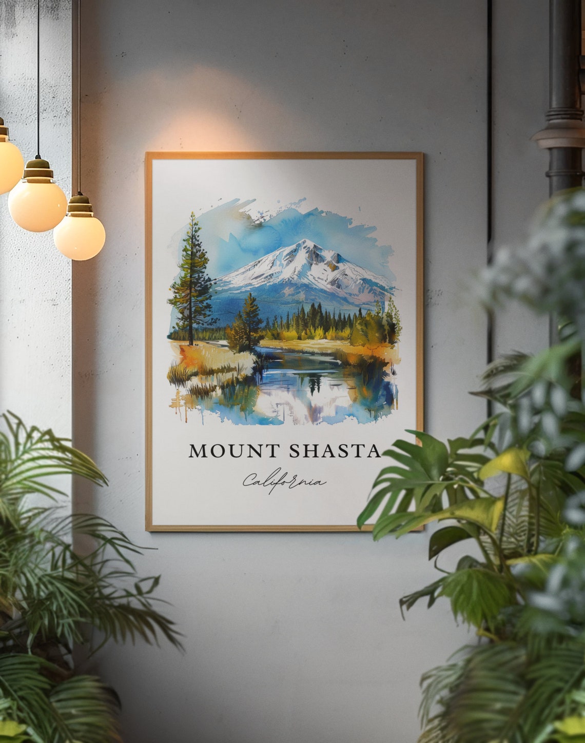 Mount Shasta California Snow Peak Lake Reflection Watercolor Art Print