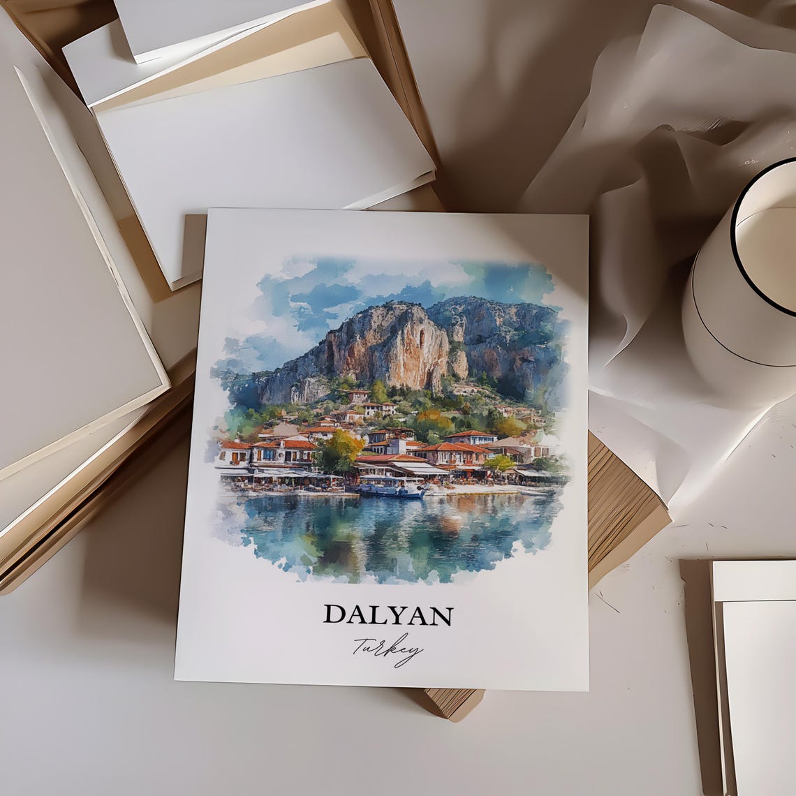 Dalyan Turkey Watercolor Harbor Town Rock Mountain Lake Poster - Image 2