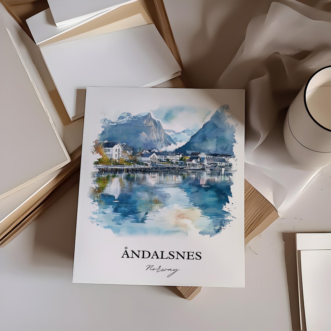 Andalsnes Norway Watercolor Fjord Town Mountain View Travel Poster - Image 4