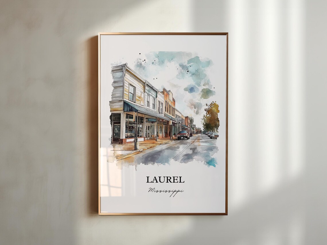 Laurel Mississippi Watercolor Historic Main Street Scene Poster - Image 2