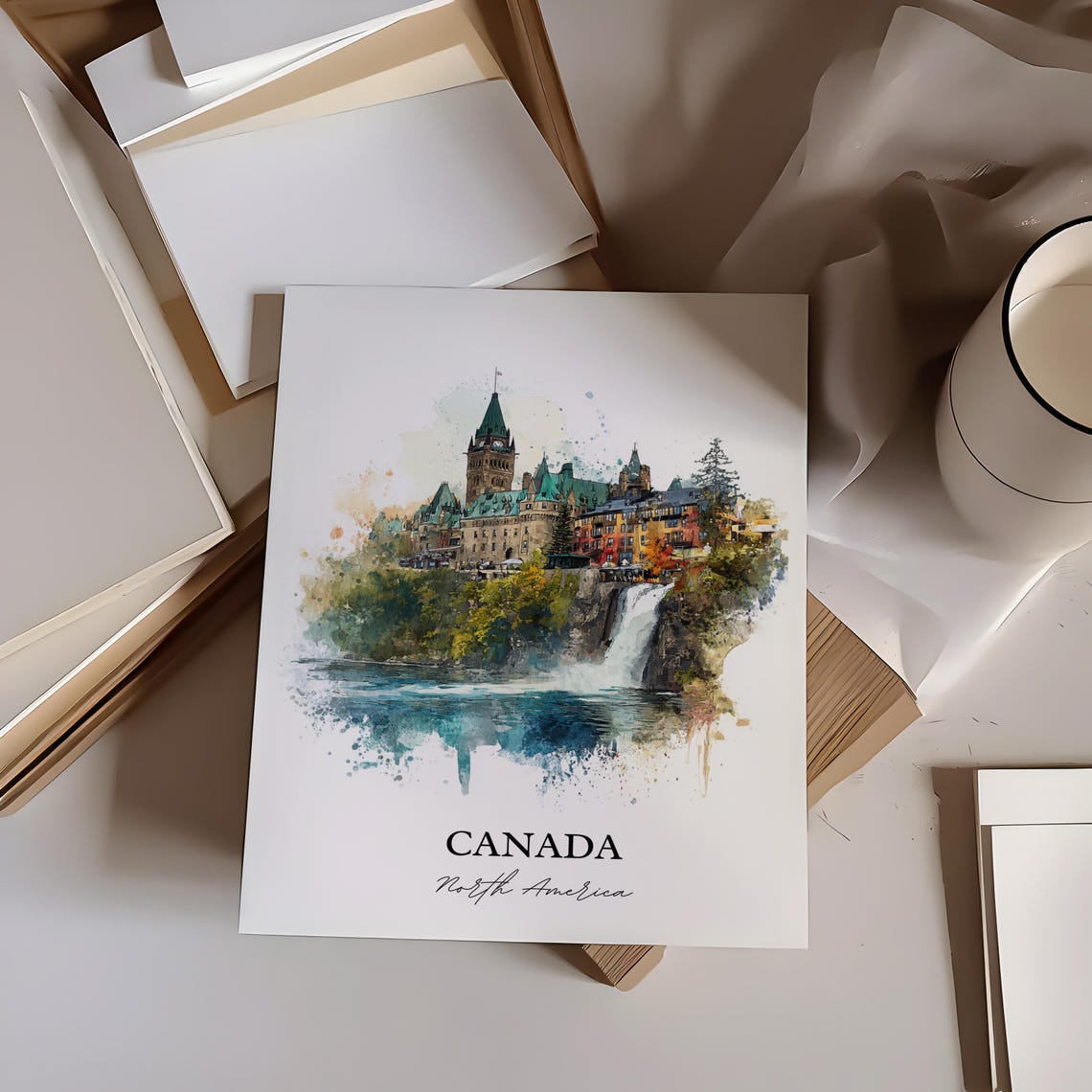 Canada Chateau Waterfall Scenic Watercolor Landmark Art Poster - Image 2