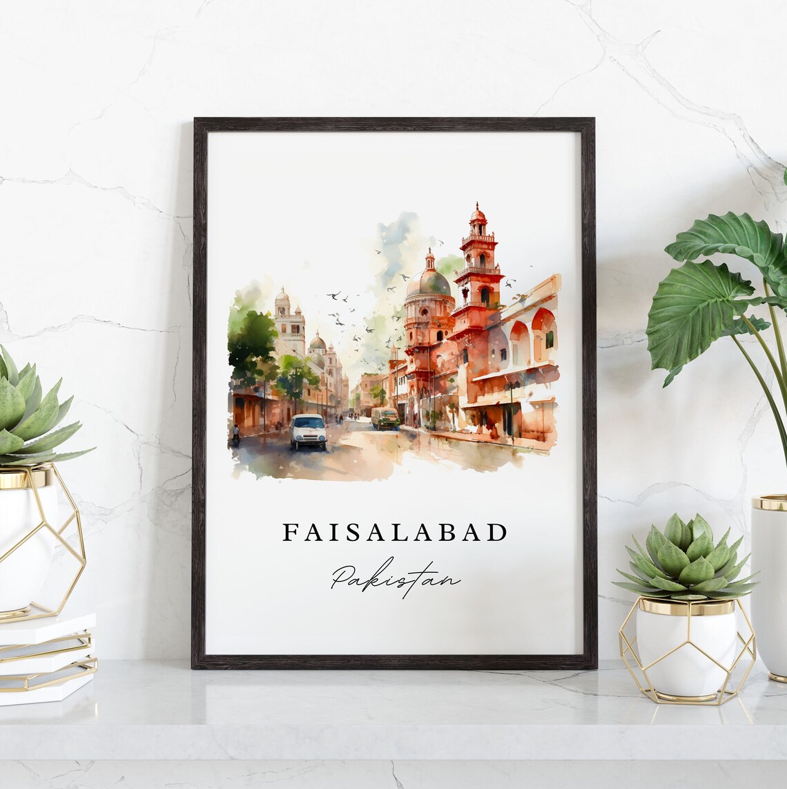 Faisalabad Pakistan Watercolor Historic Street Scene Travel Poster - Image 3