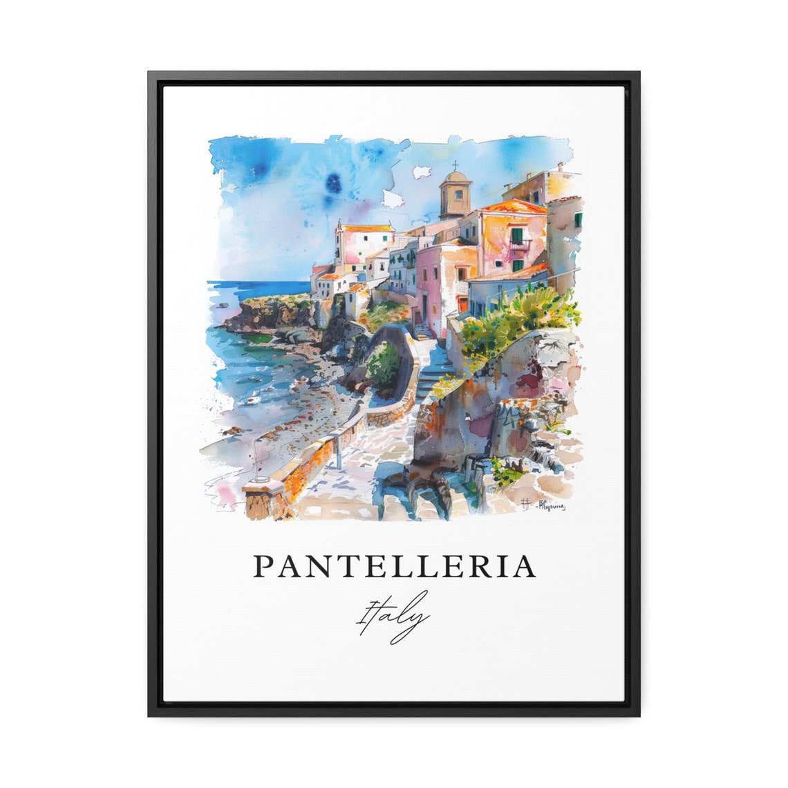 Pantelleria Italy Cliffside Village Coast Watercolor Island Poster - Image 2