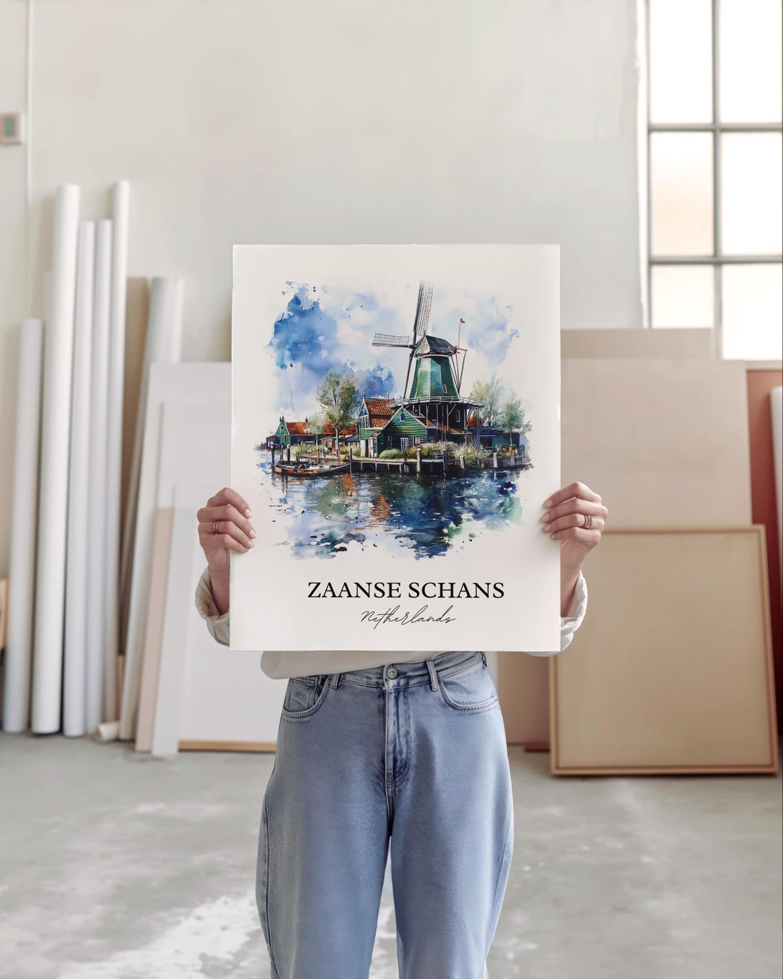 Zaanse Schans Netherlands Watercolor Windmill Canal Scene Poster - Image 3