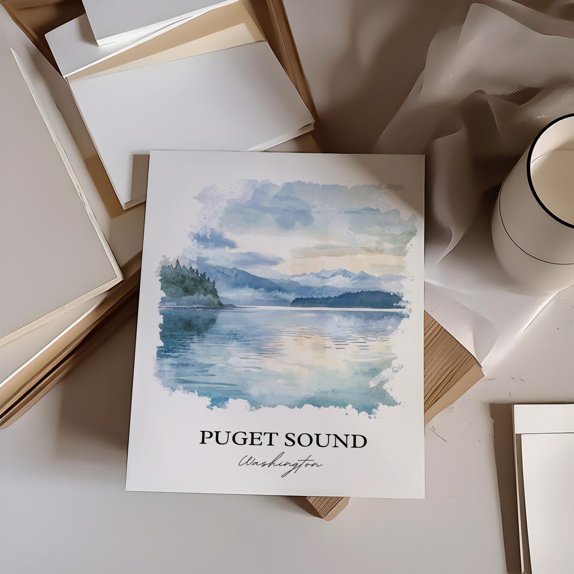 Puget Sound Washington Misty Waterfront Islands Watercolor Poster - Image 4