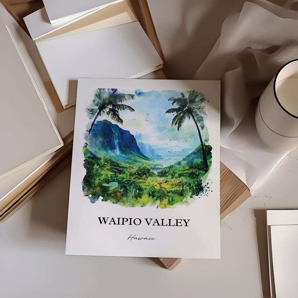 Waipio Valley Hawaii Palm Framed Lush Cliffs Watercolor Travel Poster - Image 2