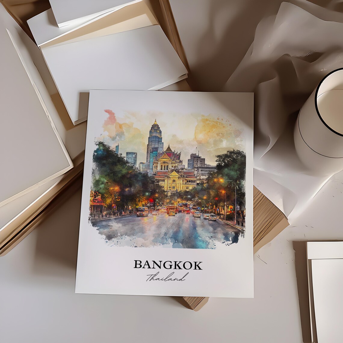 Bangkok Thailand City Night Street Lights Watercolor Travel Poster - Image 2