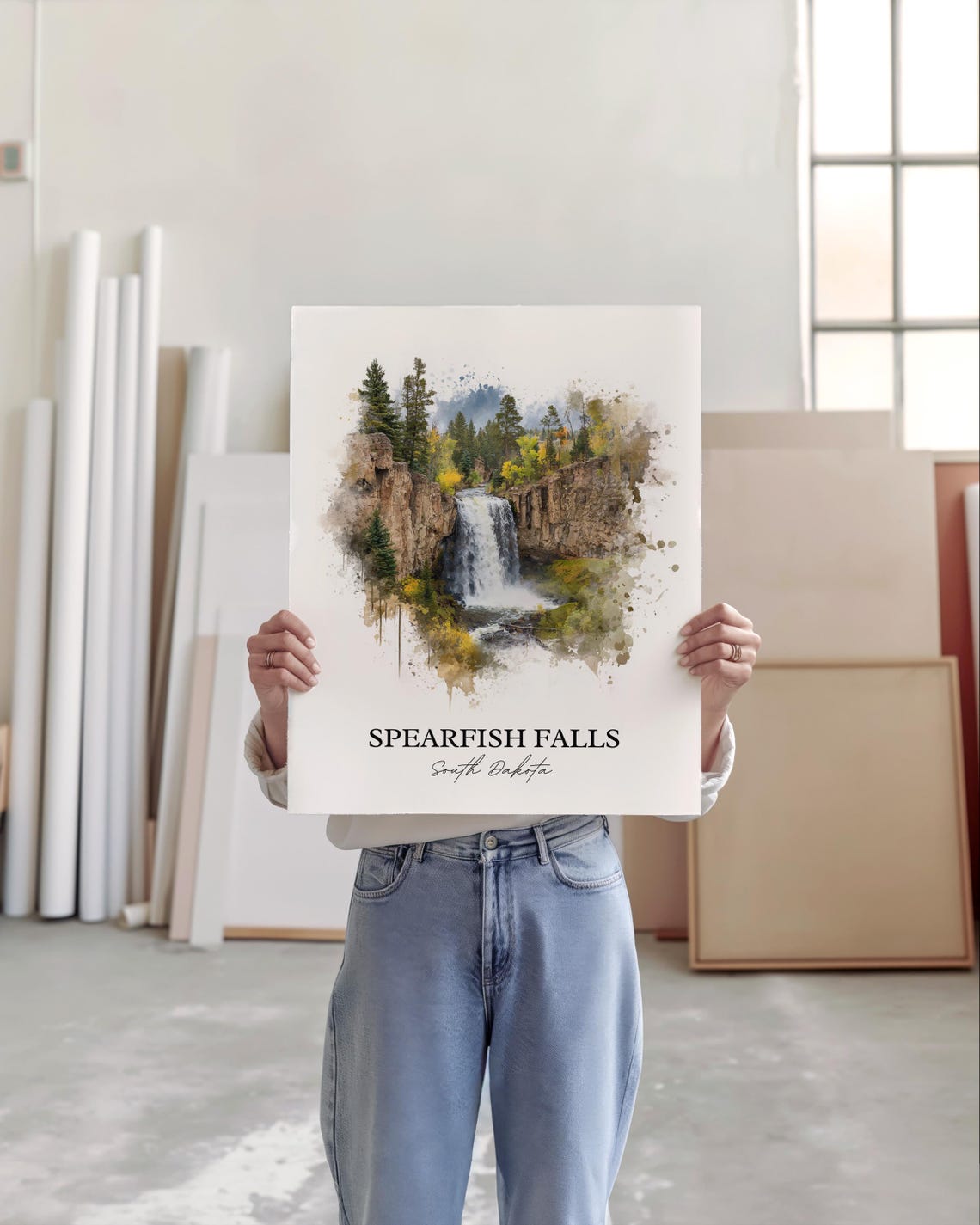 Spearfish Falls South Dakota Canyon Ledge Waterfall Watercolor Poster - Image 4