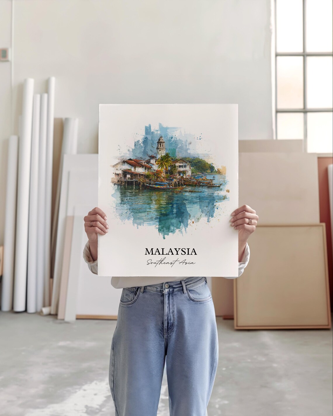 Malaysia Southeast Asia Stilt Fishing Village Watercolor Poster - Image 4