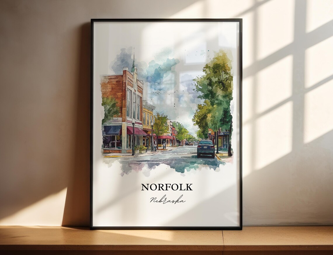 Norfolk Nebraska Charming Downtown Street Scene Watercolor Poster