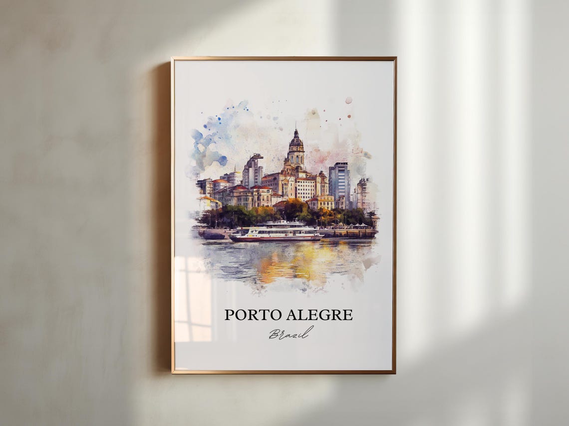 Porto Alegre Brazil Watercolor Cathedral River Boat Sunset Poster - Image 5