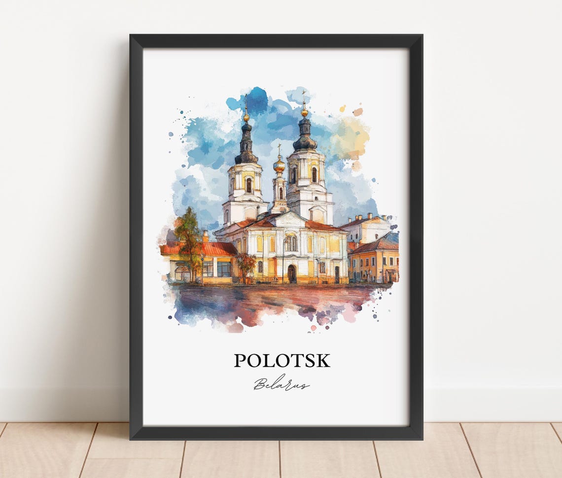 Polotsk Belarus Twin Tower Church Square Scene Watercolor Poster - Image 2
