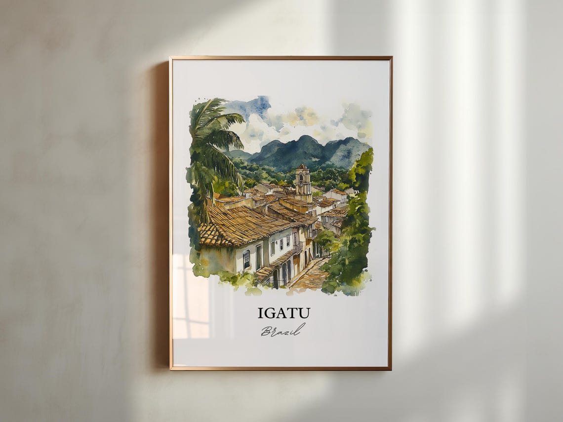 Igatu Brazil Colonial Street Church Tower Mountain Watercolor Poster - Image 5