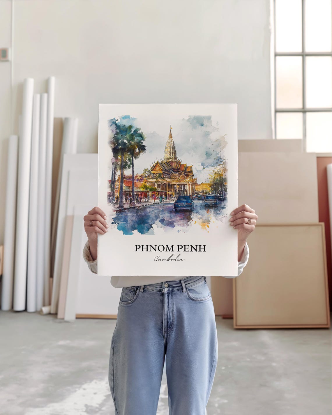 Phnom Penh Cambodia Watercolor Golden Temple Street Scene Poster - Image 4