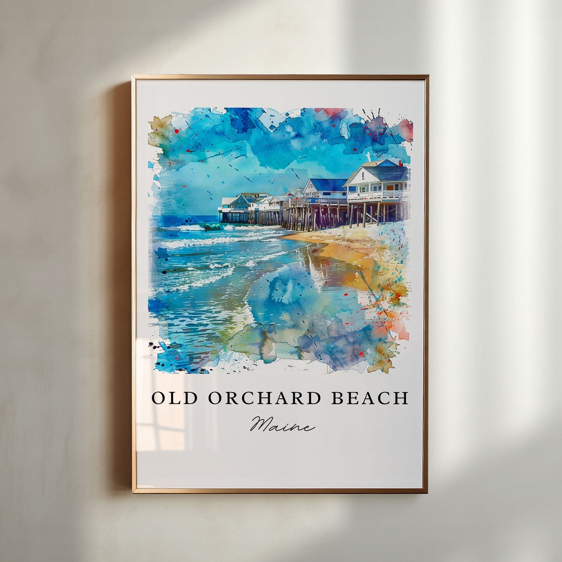 Old Orchard Beach Maine Watercolor Pier Beach Ocean Scene Poster