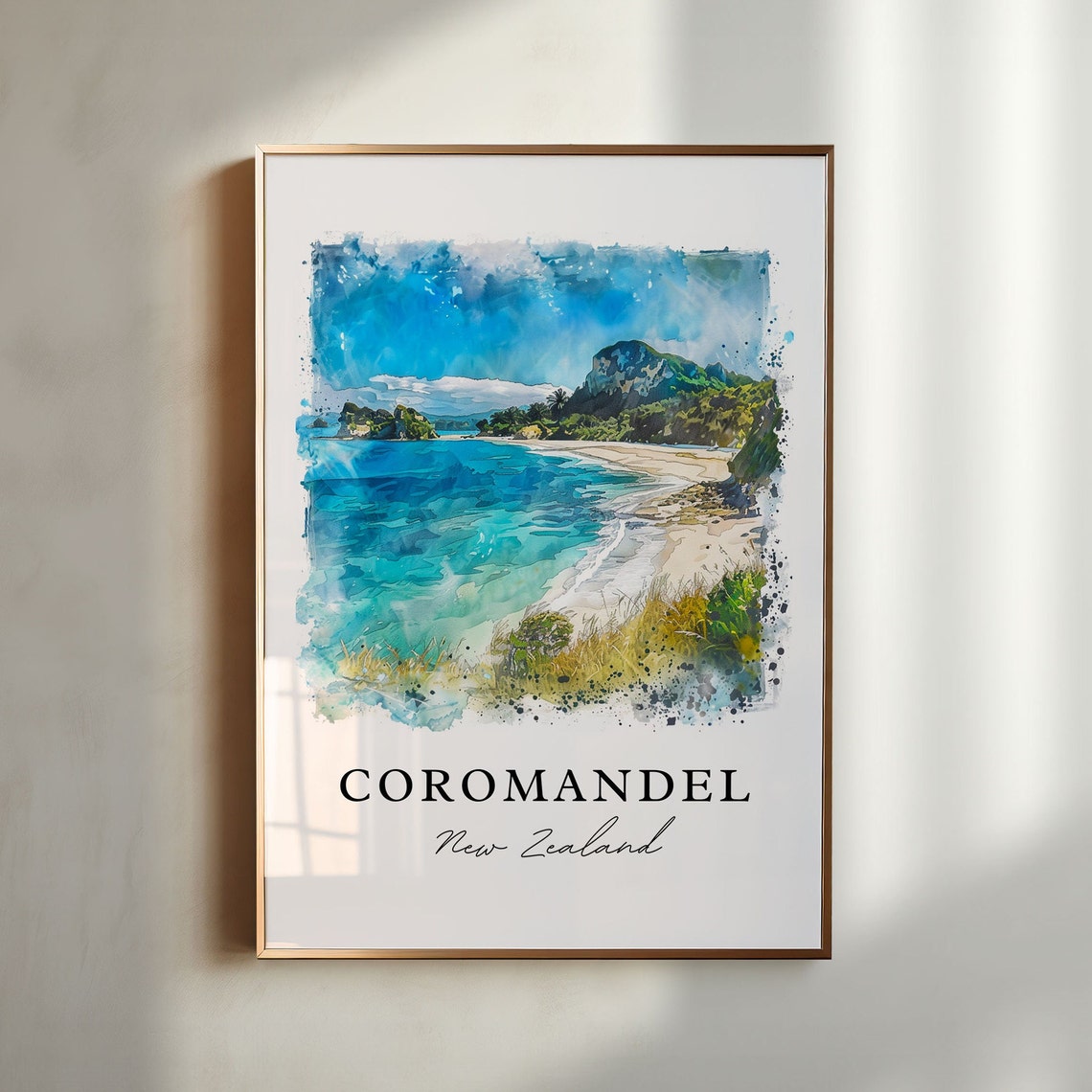 Coromandel New Zealand Turquoise Beach Watercolor Coastal Poster