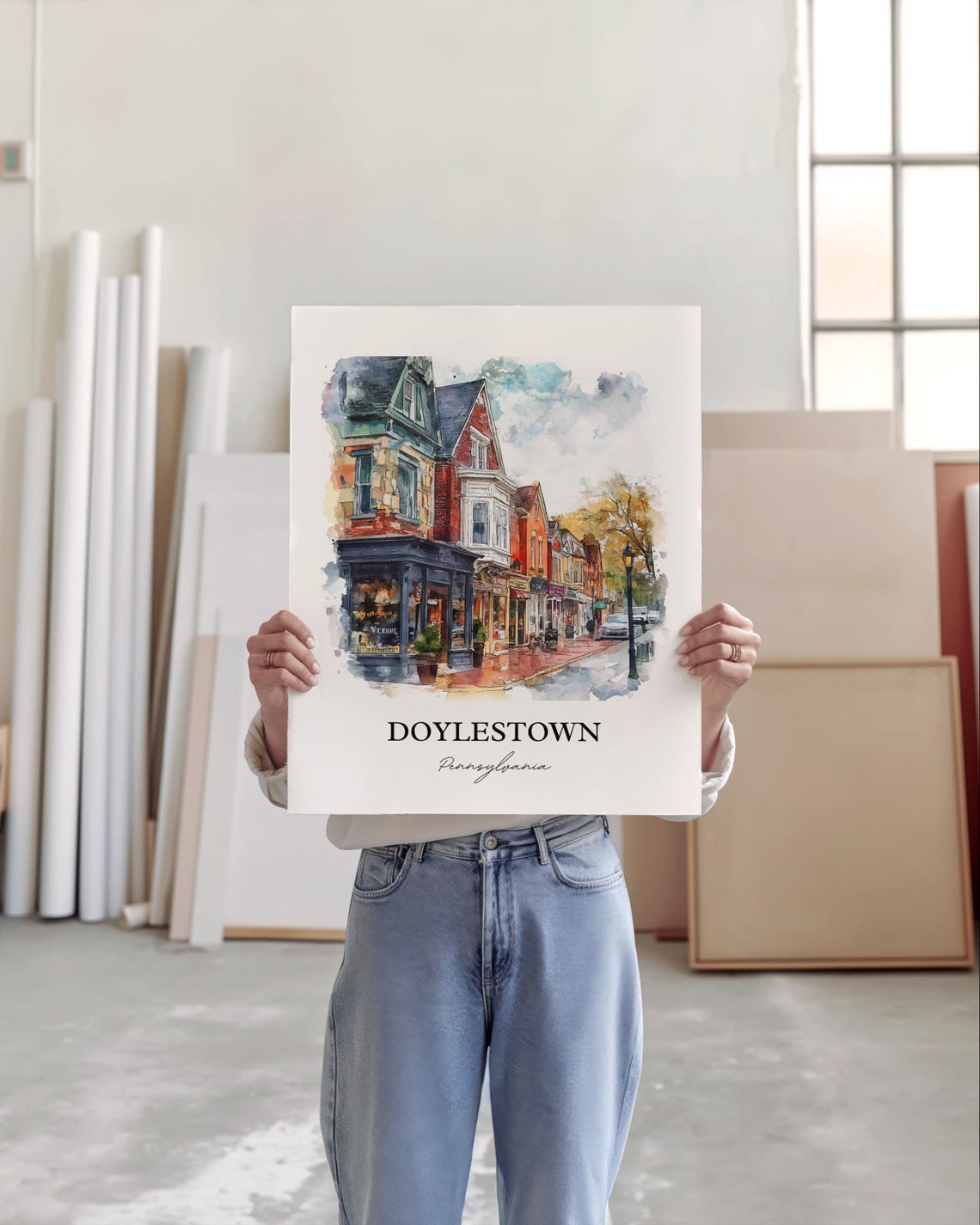 Doylestown Pennsylvania Historic Main Street Shops Watercolor Poster - Image 5