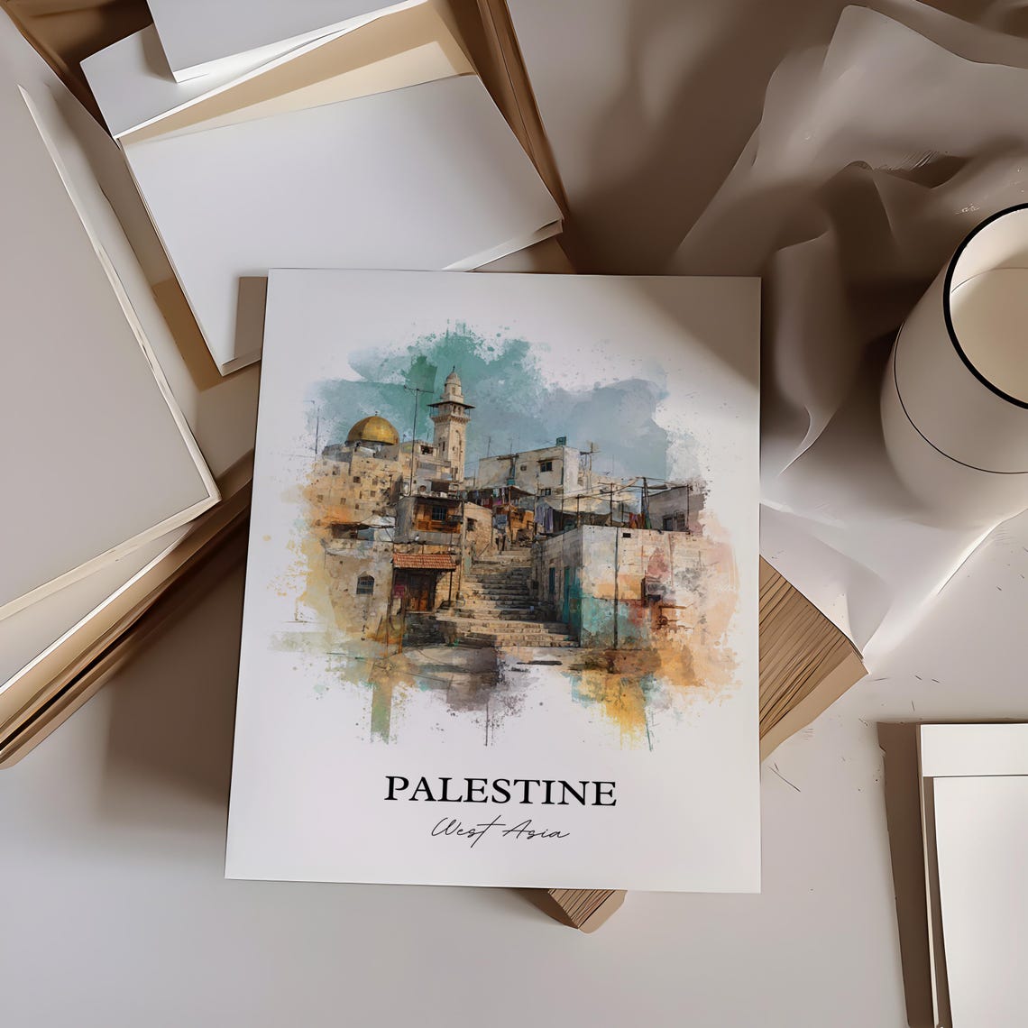 Palestine West Asia Watercolor Old Stone Street Dome Travel Poster - Image 4