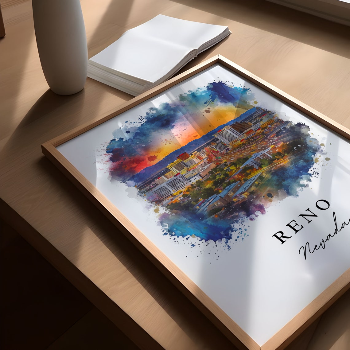 Reno Nevada Sunset Downtown Skyline Watercolor Travel Poster - Image 5