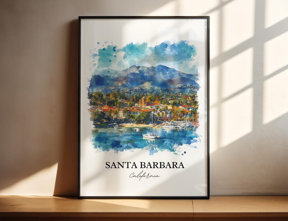 Santa Barbara California Watercolor Harbor Mountain Scene Poster