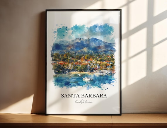 Santa Barbara California Watercolor Harbor Mountain Scene Poster