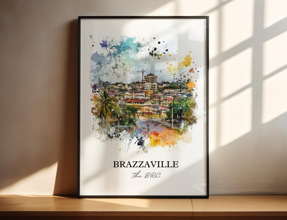 Brazzaville The DRC Watercolor City Street Scene Travel Poster