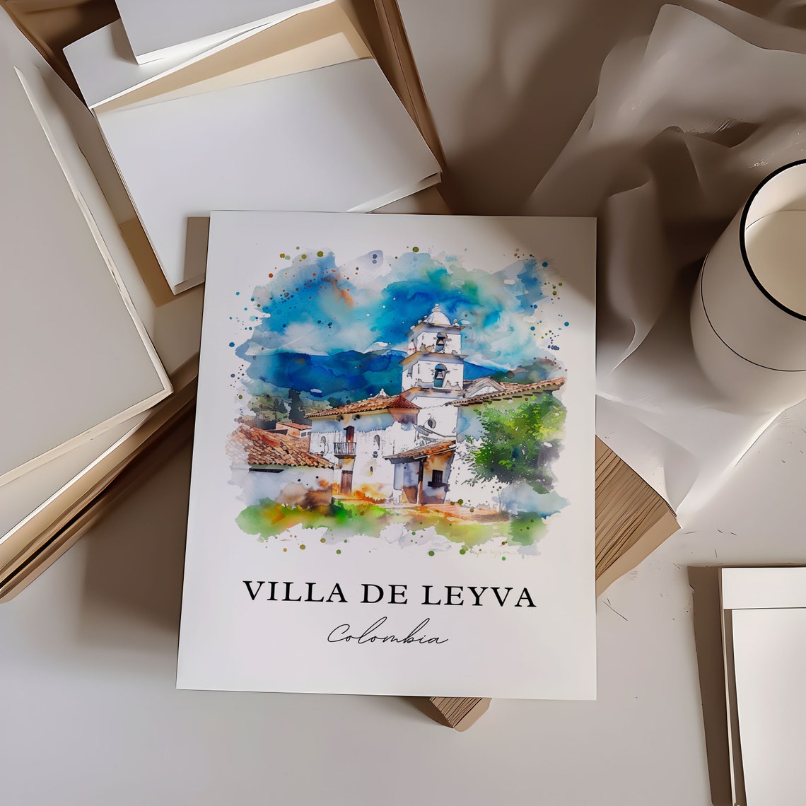 Villa de Leyva Colombia Whitewashed Church Watercolor Poster - Image 6