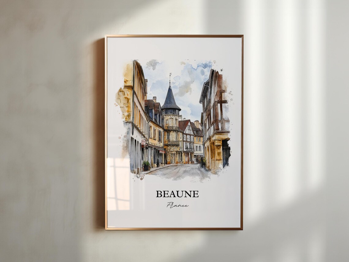 Beaune France Medieval Timber Street Watercolor Travel Poster - Image 3