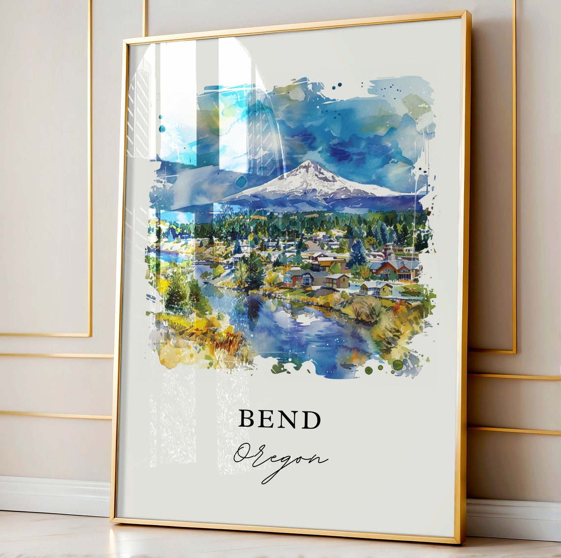 Bend Oregon Cascade Mountain River Town Watercolor Travel Poster - Image 4