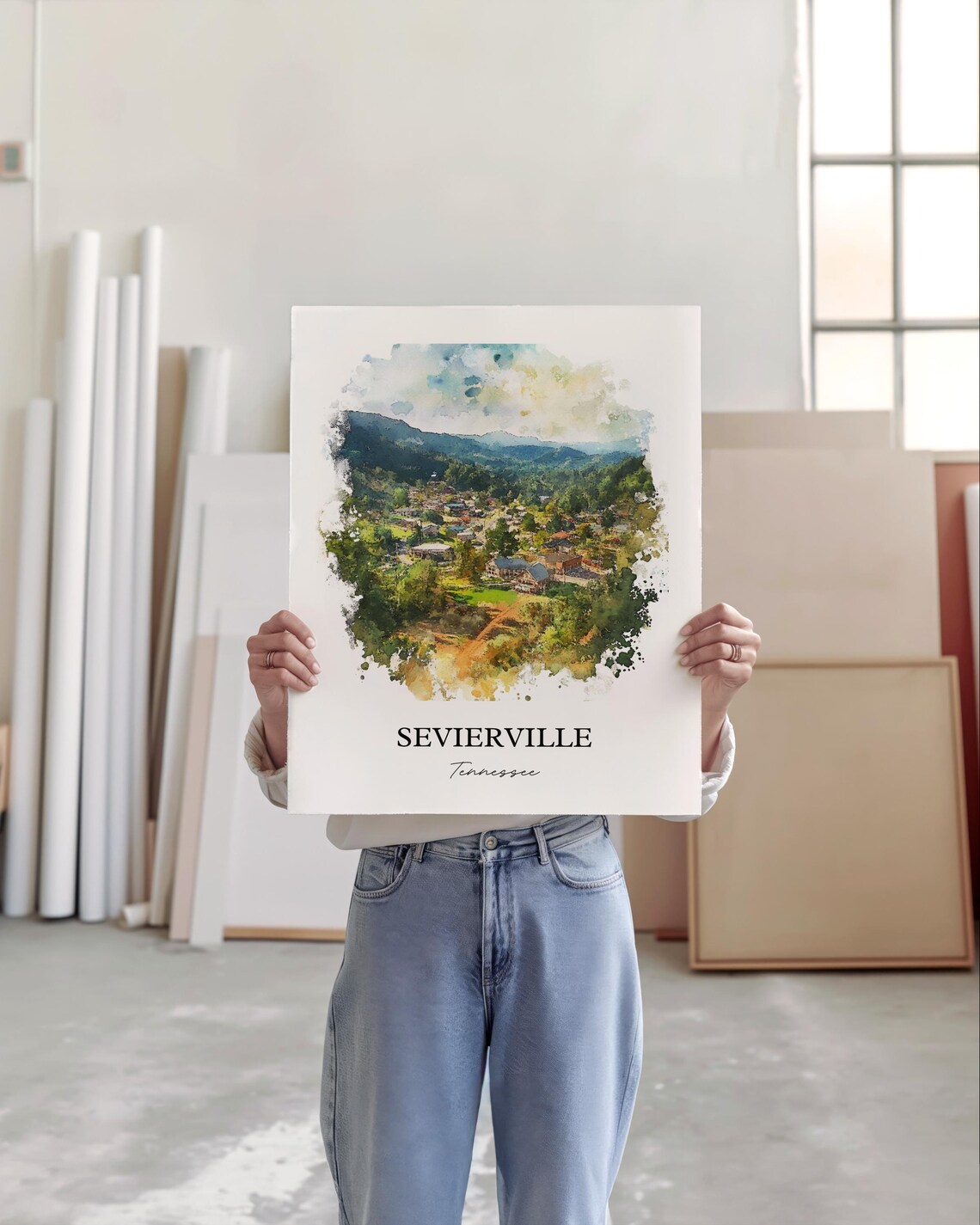 Sevierville Tennessee Scenic Mountain Town Watercolor View Poster - Image 5