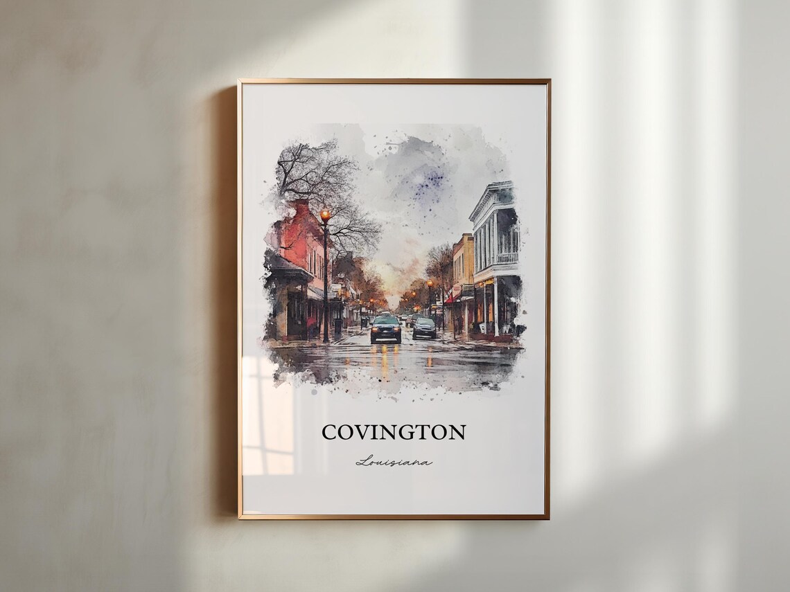 Covington Louisiana Watercolor Rainy Downtown Street Art Poster - Image 4