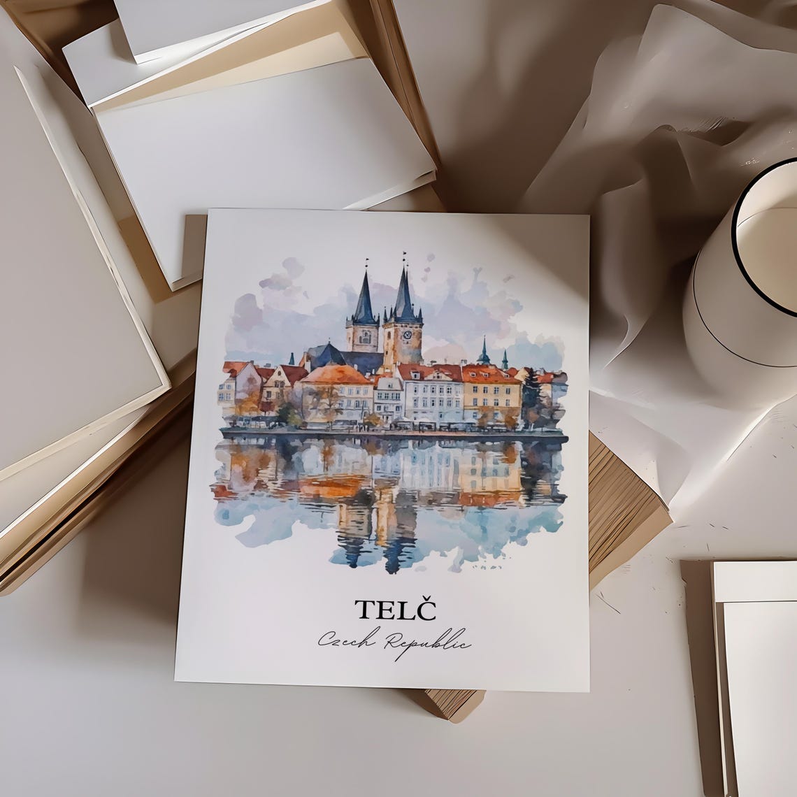Telc Czech Republic Watercolor Old Town Square View Travel Poster - Image 3