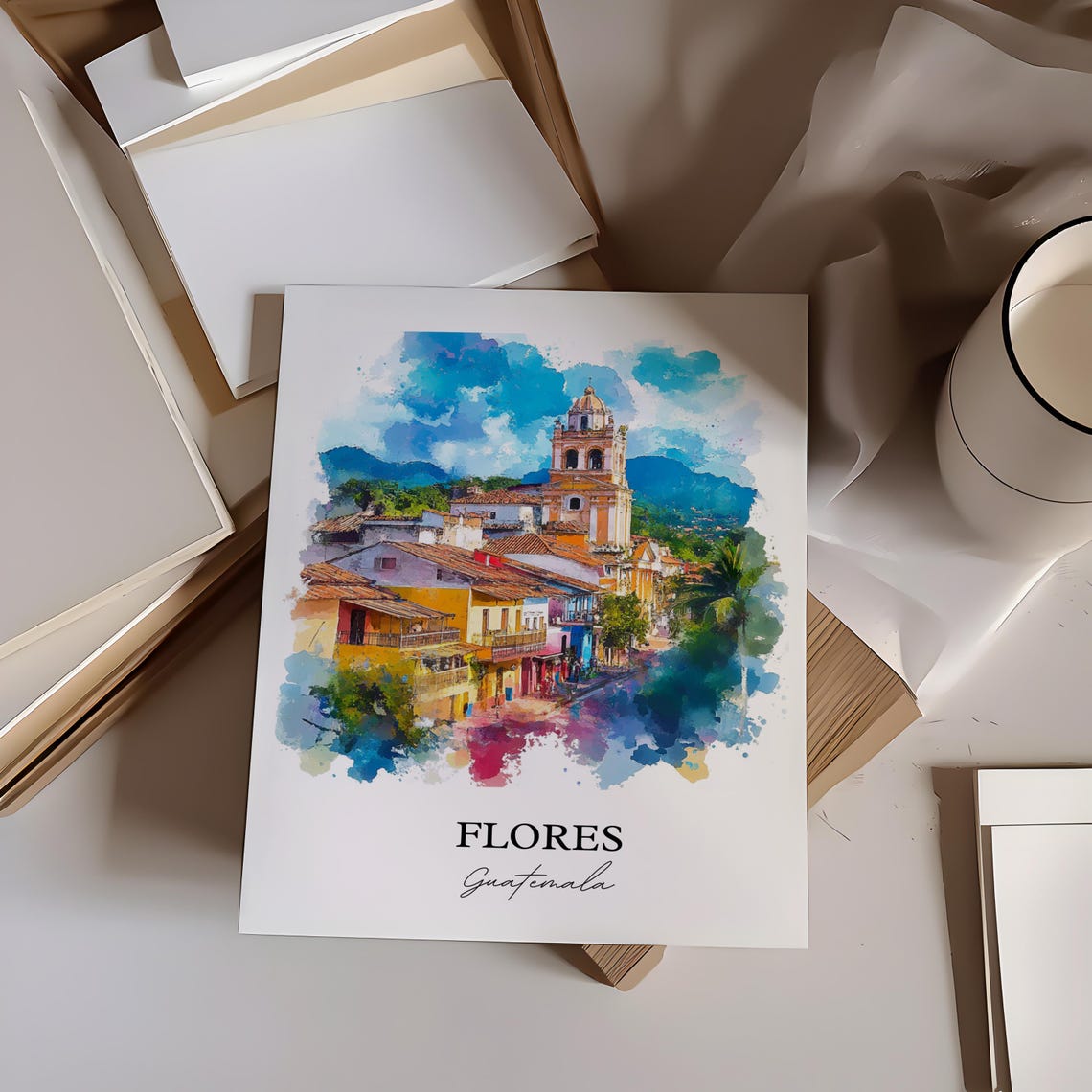 Flores Guatemala Island Town Church Tower Watercolor Island Poster - Image 3