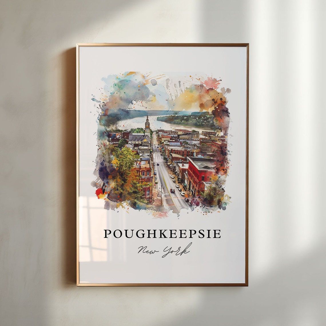 Poughkeepsie New York Hudson Valley Aerial Street Watercolor Poster