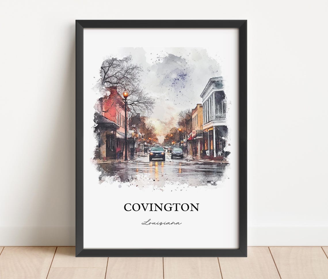 Covington Louisiana Watercolor Rainy Downtown Street Art Poster