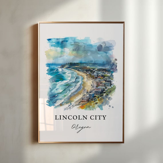 Lincoln City Watercolor Travel Poster, Oregon Print