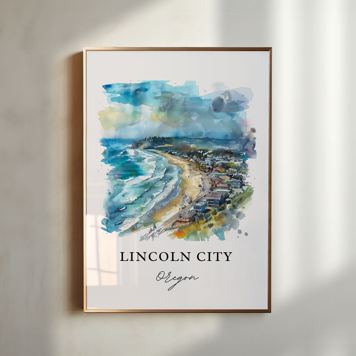 Lincoln City Watercolor Travel Poster, Oregon Print