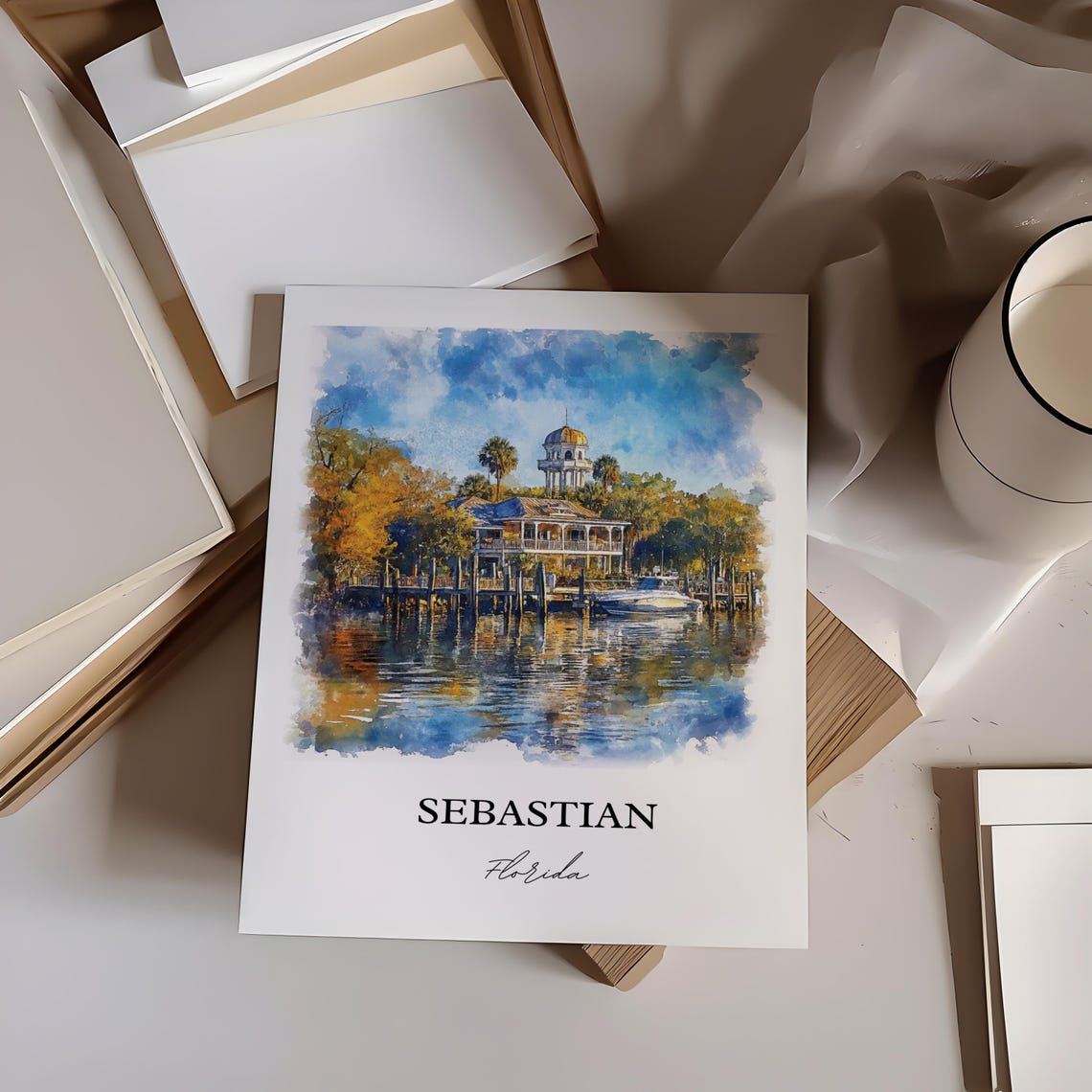 Sebastian Florida Riverfront Waterfront Boat Harbor Watercolor Poster - Image 5
