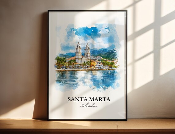 Santa Marta Colombia Waterfront Cathedral Twin Towers Travel Poster