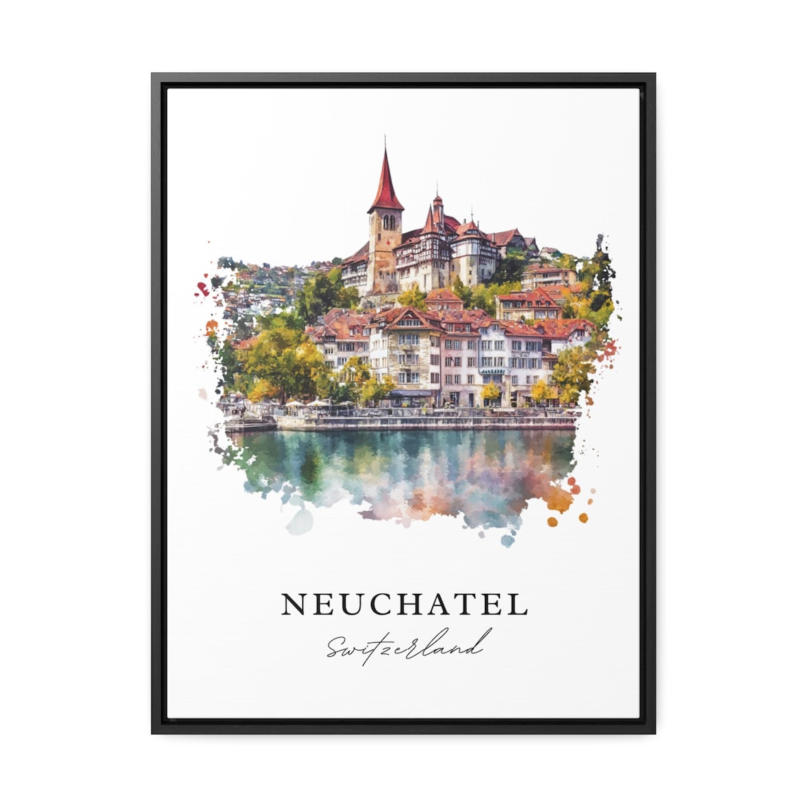 Neuchatel Switzerland Lake Town Castle Watercolor Travel Poster - Image 3