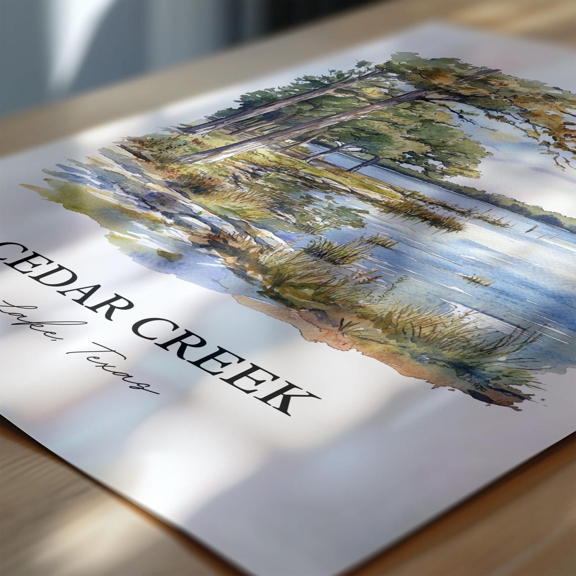 Cedar Creek Lake Texas Pine Shoreline Scenic Watercolor Poster - Image 6