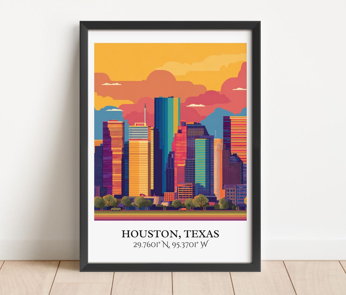 Houston Texas Colorful Downtown Skyline Sunset Clouds Travel Poster - Image 3