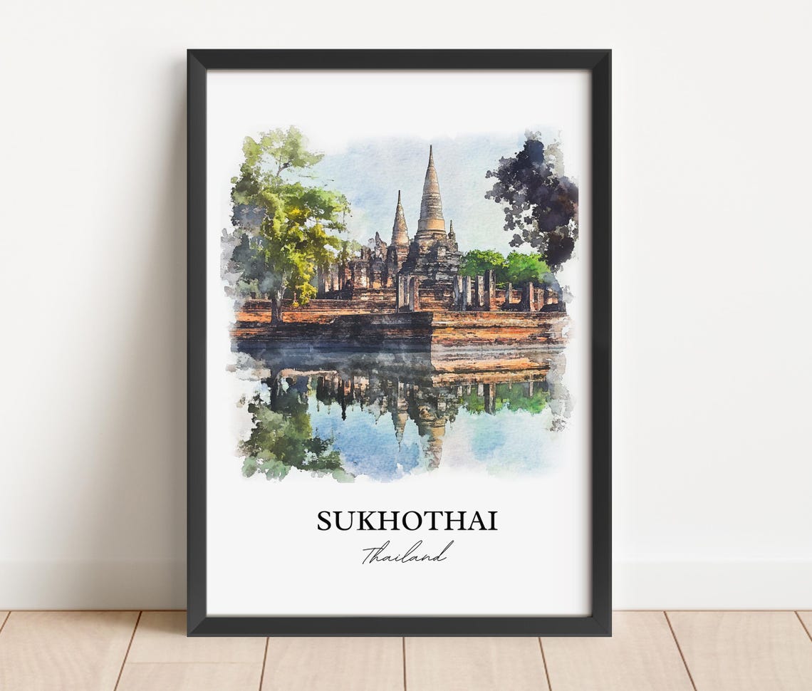 Sukhothai Thailand Watercolor Ancient Temple Reflection Art Poster - Image 4