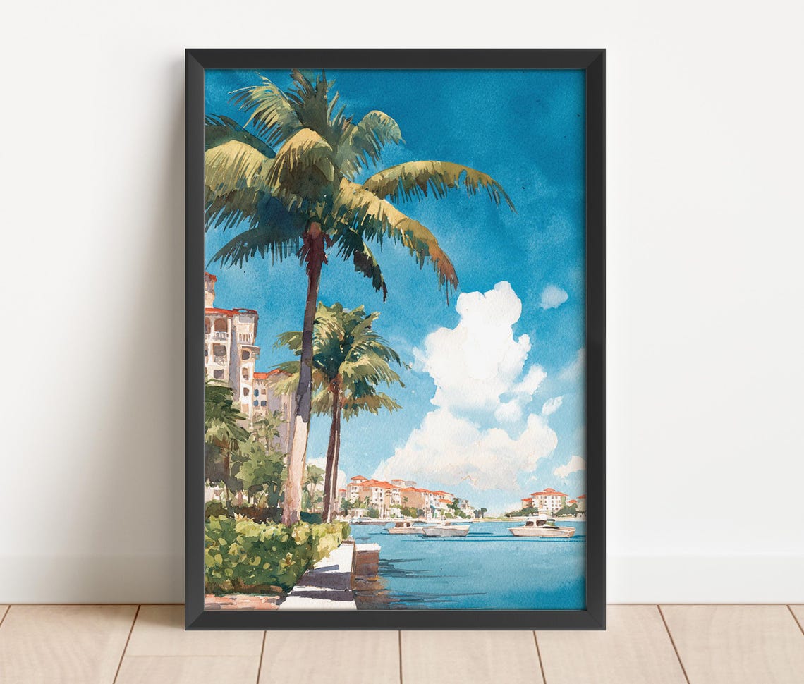 Marco Island Florida Palm Trees Marina Boats Watercolor Travel Poster