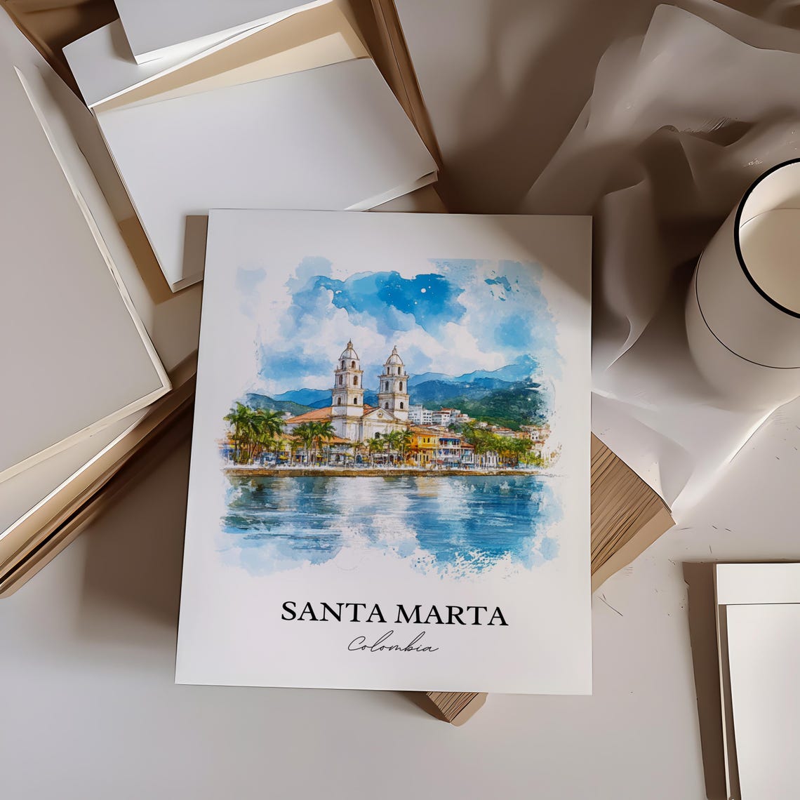 Santa Marta Colombia Waterfront Cathedral Twin Towers Travel Poster - Image 3
